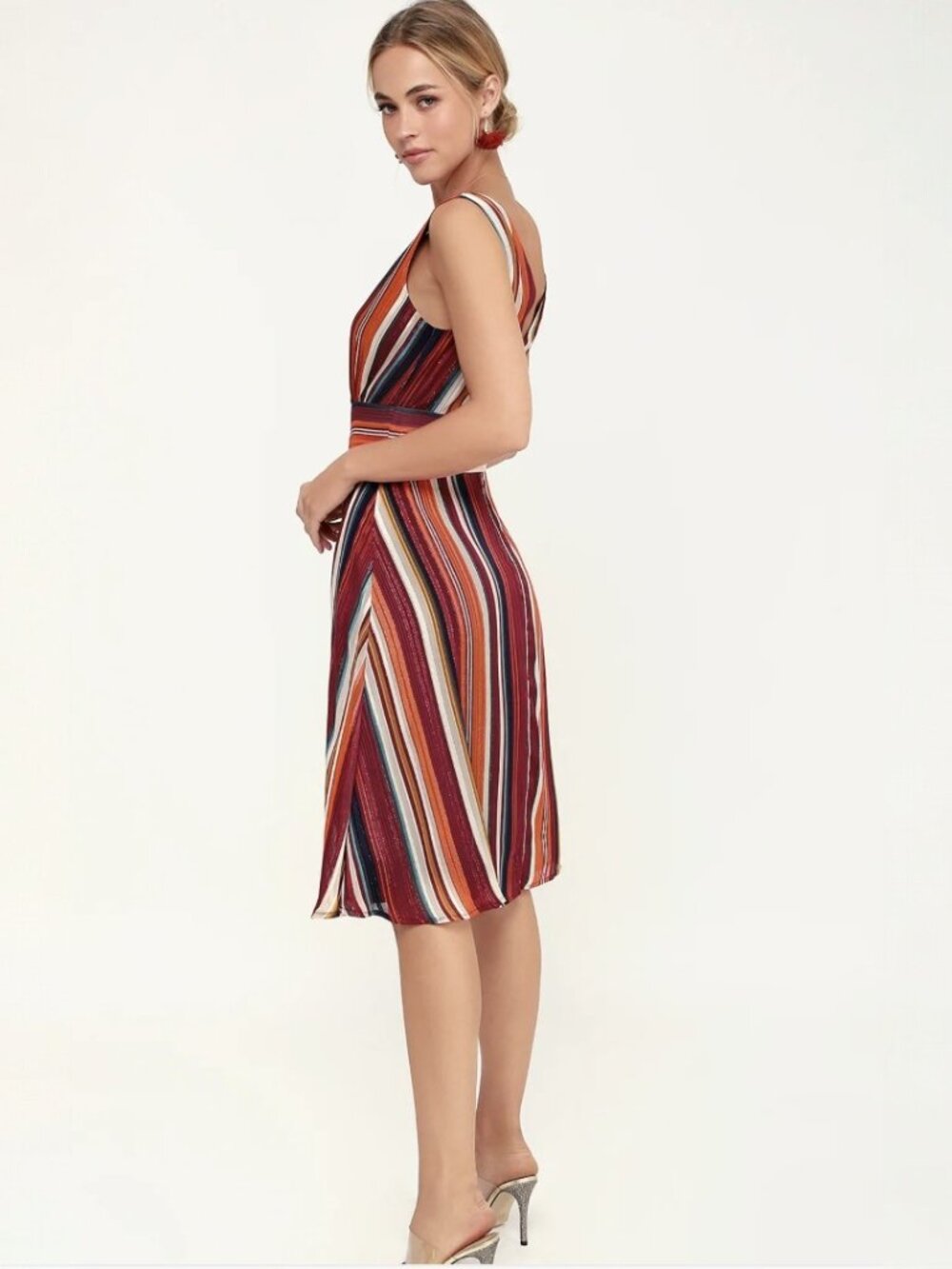 Lulus Make My Dreams Come True Burgundy Multi Striped Midi Dress NWT - Picture 3 of 8